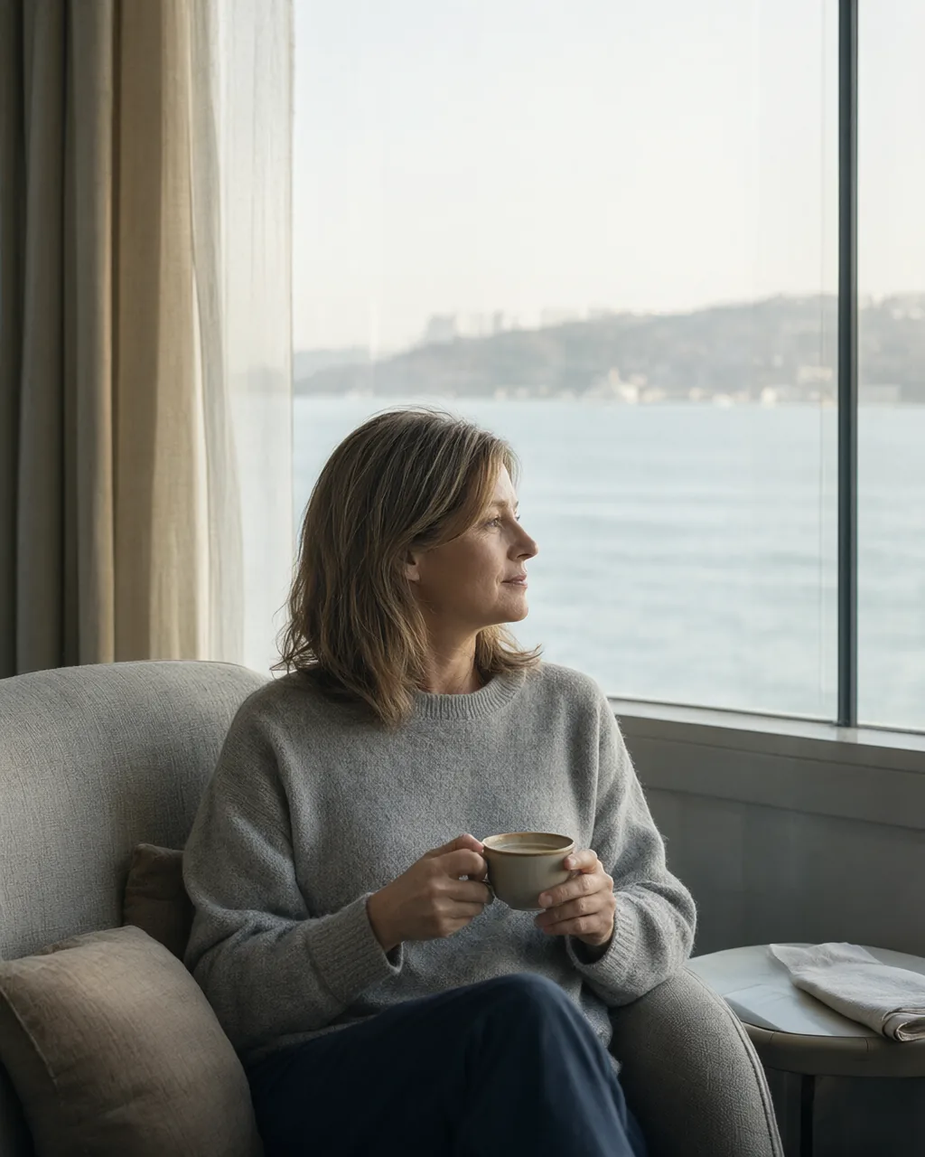 A woman sitting by a hotel window in Istanbul, looking out over the Bosphorus in the morning